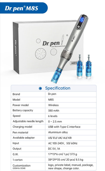 Dr pen upgraded version M8s wireless electric microneedle + free 10 needles random 2 needles Dr Pen M8s Professional Wireless Dermapen Electric Stamp Design