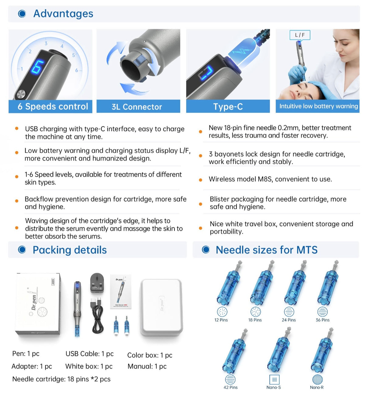 DR Pen M8S Microneedling Pen M8升級版無線電動微針MTS Wireless Dermapen Electric Stamp Design 英標插頭