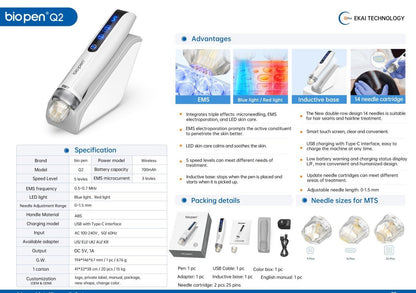 Biopen Q2 黄金微針 水光射頻光療 導入 ·膠原重生無線4合1 電動微針MTS療程美容院療程凹凸洞緊致提升 香港代理 - 5SKINLAB
